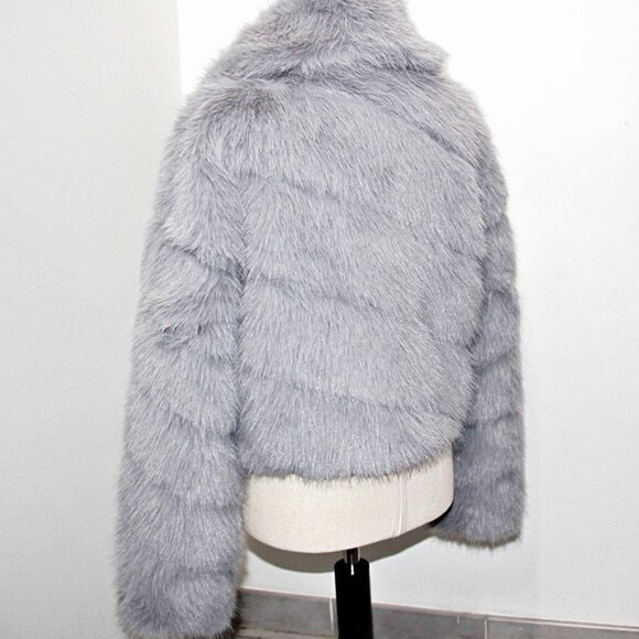 Avec Les Filles Luxurious Faux-Fur Cropped Paneled Coat in Grey Blue sz S $199 - Picture 12 of 16